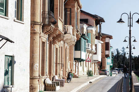 Historical houses with stone carved balconies inside walled city of Nicosia, Cyprus (Northern part)の写真素材