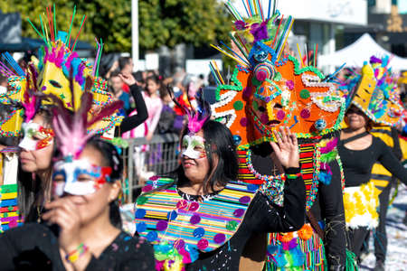 Limassol, Cyprus - March 01, 2020: Participants in colorful costumes during carnival paradeのeditorial素材