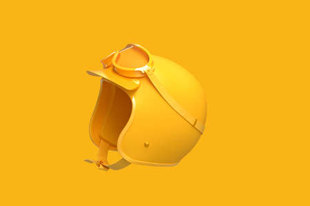 Close-up of yellow motorcycle helmet on yellow background. 3D Renderingの写真素材