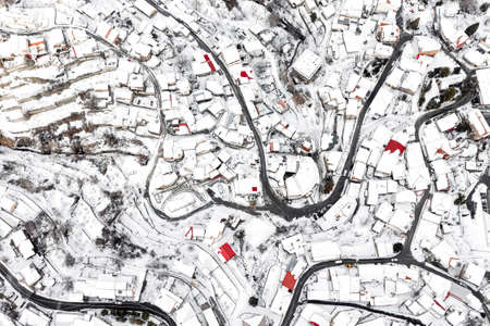 Overhead view of snow-covered Kyperounta village. Limassol District, Cyprusの写真素材