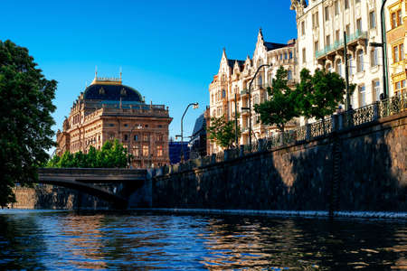 Prague embankment and National Theatre. Czech Republicの写真素材