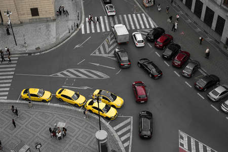 Elevated view of city road junctionの写真素材