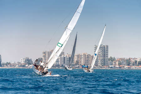 Sailboats on a turn near Larnaca coast, Cyprus