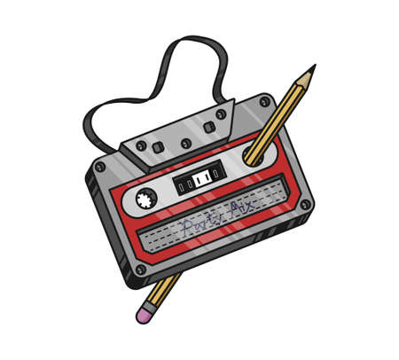 Cassette tape vector illustration. Old-fashioned tape cassette. Sticker with contour. Isolated on white backgrounのイラスト素材