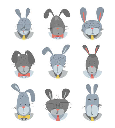 Vector set with cartoon bunnies - cute office workers. A series of funny rabbits in ties. Hand-drawn stickers.のイラスト素材