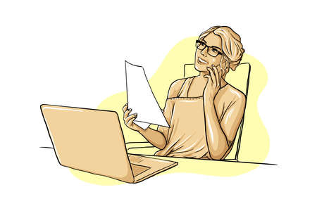 Woman is working on a laptop and talking on the phone. Vector illustration. Hand-drawn styleのイラスト素材