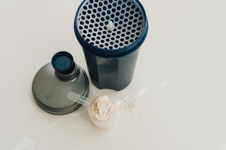 healthy lifestyle and sports nutrition, protein shake. A serving of protein after a workoutの写真素材