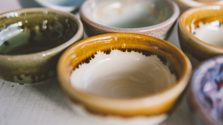 ceramic bowls for drinks close-up.  Ceramic ware made by own handsの写真素材
