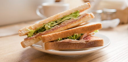 sandwich in toast with meat filling lying on a white plate close-up. Millennial food