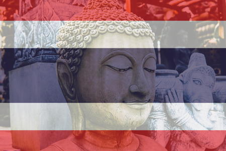 tourist symbols and places of Thailand on flag background.の写真素材