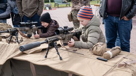 Kyiv, Ukraine - 6 october 2019 : Military festival in Kiev. military ammunition for the soldiers of the Ukrainian army. Contract Army in Ukraineのeditorial素材