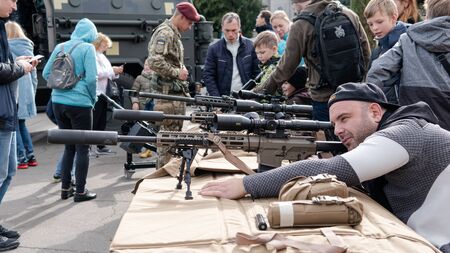 Kyiv, Ukraine - 6 october 2019 : Exhibition of modern military Ukrainian equipment during the war...
