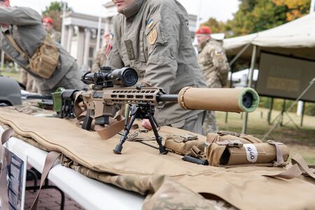 Kyiv, Ukraine - 6 october 2019 : Exhibition of modern military Ukrainian equipment during the war...