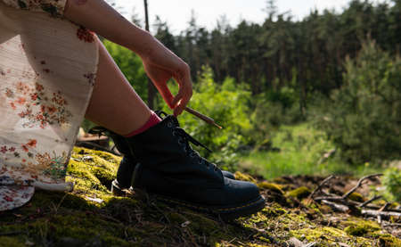 cultivation of shiitake mushrooms. Growing mushrooms at homeの写真素材