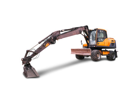 Wheeled excavator with a long arm and bucket, isolated on a white background. The machine is designed for digging and construction tasks.の写真素材