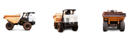 Mini dump truck displayed from multiple angles, featuring a yellow and black body, large wheels, and a sturdy design, isolated on a white background.の写真素材