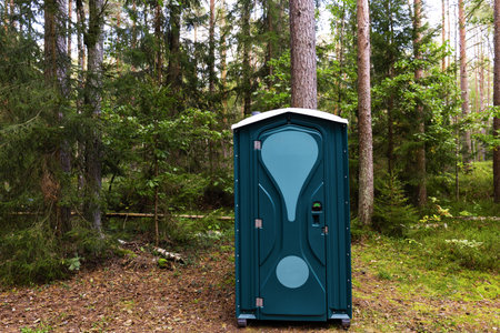 An eco-friendly green toilet in the forest, against the backdrop of a forest in the open air. High quality photoの写真素材