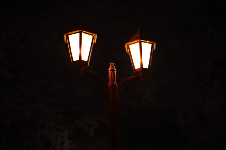 Two vintage street lamps illuminated at night. The lamps have a classic design with warm light glowing from within, set against a dark background.の写真素材