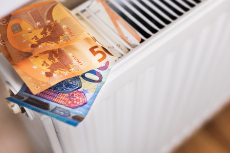 A close-up of a white radiator with 15 and 20 euro banknotes, symbolizing the period of high heating tariffs. photoの写真素材