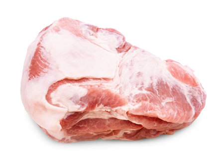 An overhead view of a large, raw, boneless pork neck or shoulder cut, featuring a thick layer of white fat, isolated on white. High quality photoの写真素材