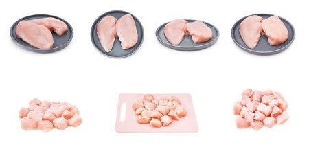 A collage of fillets on a plate, on a board, sliced, and whole. The pink fillet demonstrates the freshness of the meat, and the texture is visible. Isolated on white. High quality photoの写真素材