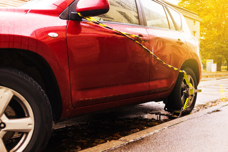 A red car is parked on the street with a wheel lock attached. The scene is illuminated by warm sunlight, highlighting the urban environment.の写真素材
