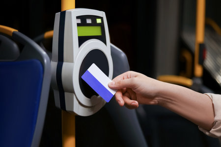 A young girl with brown hair uses a card validator on a city bus. The validator is mounted on a pole, displaying a digital screen.の写真素材