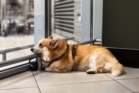 A sad Welsh Corgi Pembroke lies on the floor, resting its head on a metal railing. The dog has a tan and white coat, with a slightly droopy expression, waiting by a large window.の写真素材