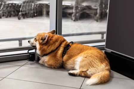 A sad Welsh Corgi Pembroke lies on the floor, resting its head on a metal railing. The dog has a tan and white coat, with a slightly droopy expression, waiting by a large window.の写真素材