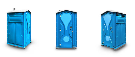 Three blue portable toilets arranged in a row, isolated on a white background. Each toilet is positioned at a different angle, showing its design and features. Ideal for outdoor events or construction sites.の写真素材