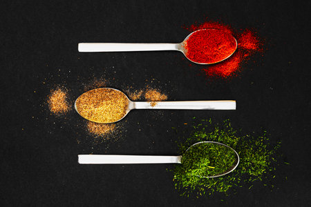 Spices in metal spoons, paprika, garlic, dill, create a beautiful contrast against the black background. High quality photo.の写真素材