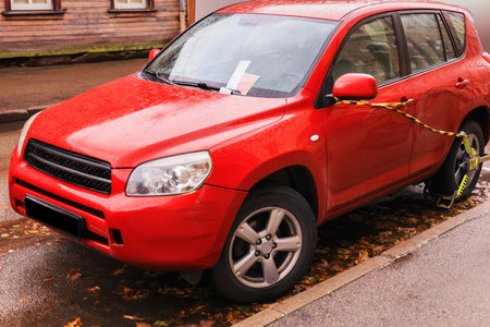 A close-up of a red car's rear wheel fitted with a yellow and black wheel clamp (boot) for a parking violation, on an autumn curb. High quality photoの写真素材