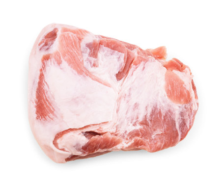 A large, raw, boneless pork shoulder cut, featuring a thick, prominent layer of white fat, ready for cooking, isolated on white. High quality photoの写真素材