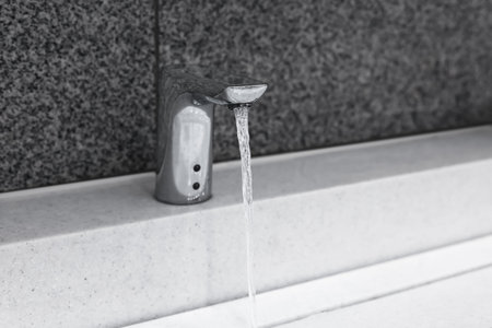 A close-up, black and white shot of an automatic sensor faucet running with a stream of water into a white basin. High quality photoの写真素材