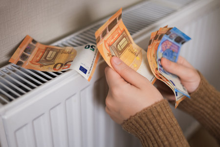 A girl in a sweater counts money by the radiator: euros in 50 and 20 denominations. The room is cold, which emphasizes the need for heating. High quality photoの写真素材