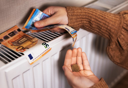 A girl in a sweater counts money by a radiator: 50 and 20 euro bills, a close-up of a 20 euro,and 50-euro cents in her fingers. The room is cold, highlighting the need for heatingの写真素材