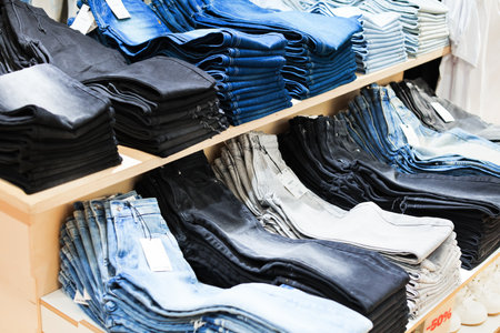 Close-up of folded stacks of denim jeans in various washes and colors displayed neatly on wooden shelving in a store. High quality photoの写真素材
