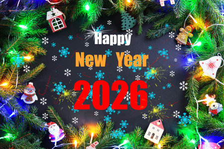 Happy New Year 2026 text centered within a festive frame of fir branches, colorful lights, and wooden Christmas ornaments. High quality photoの写真素材