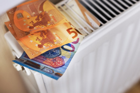 A close-up of a white radiator with 15 and 20 euro banknotes, symbolizing the period of high heating tariffs.の写真素材