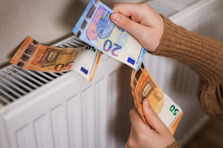 A girl in a sweater counts money by a radiator: 50 and 20 euro bills, a close-up of a 20 euro. The room is cold, highlighting the need for heatingの写真素材