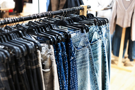 A close-up view of various jeans and trousers hanging on black hangers on a clothing rack in a blurred retail store environment. High quality photoの写真素材
