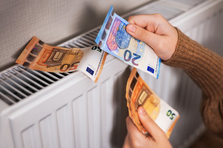 A girl in a sweater counts money by a radiator: 50 and 20 euro bills, a close-up of a 20 euro. The room is cold, highlighting the need for heating. High quality photoの写真素材