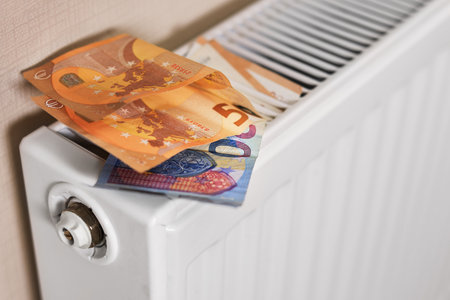 A close-up of a white radiator with banknotes, symbolizing the period of high heating tariffs. High quality photoの写真素材