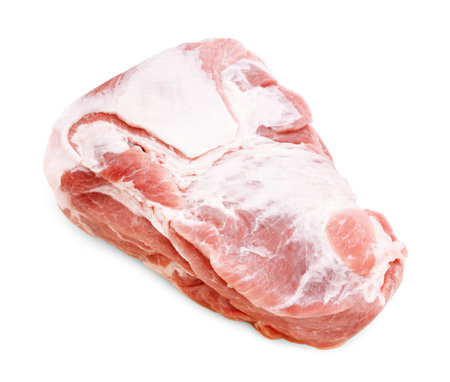 A large, raw, boneless pork neck or shoulder cut with a thick layer of white fat, ready for slicing or cooking, isolated on white. High quality photoの写真素材