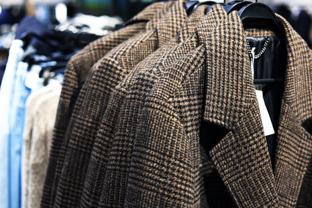 A row of classic brown and black glen plaid wool coats or blazers hanging on a clothing rack in a retail store. High quality photoの写真素材