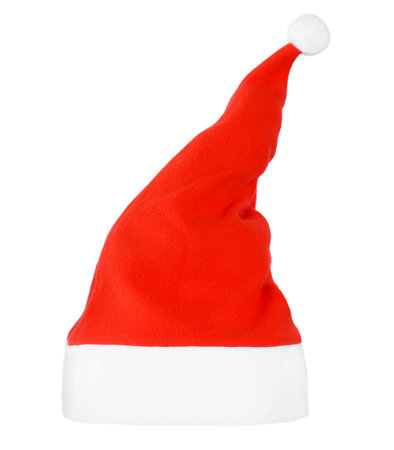 A bright red Santa Claus hat with a white pompom and trim, isolated vertically on a pure white background. High quality photoの写真素材