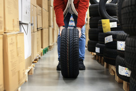 Low angle shot of a guy in a red jacket and jeans holding or carrying a new car tire in a warehouse...