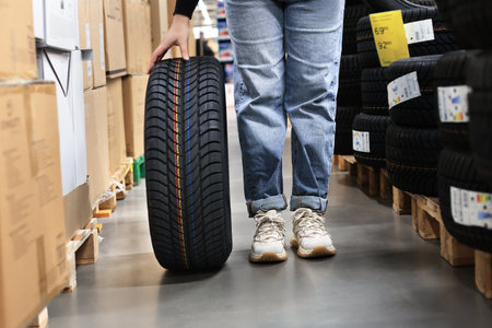 Close-up of a girl in jeans and sneakers holding a new car tire standing in the aisle of a warehouse...