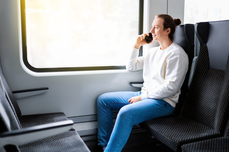 Smiling man with a bun talking on a smartphone while sitting by the window on a sunny train ride. High quality photoの写真素材