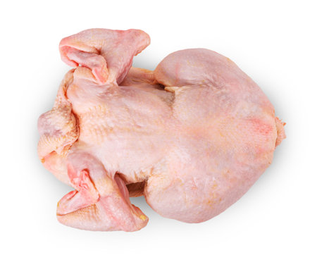 Top view of a fresh whole raw chicken isolated on a white background.の写真素材